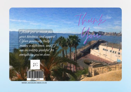 Thank you message over a coastal view with palm trees and a beach.