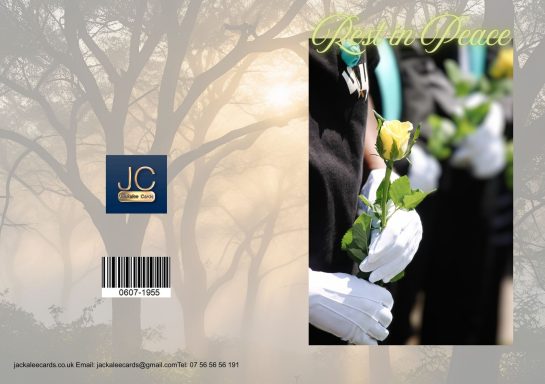 A hand holding a yellow rose, surrounded by blurred figures in black attire.