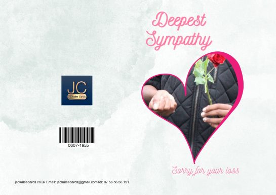 A condolence card featuring a pink heart and a hand holding a rose.