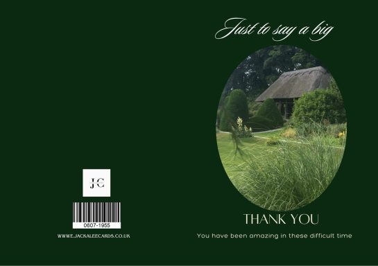 A rustic cottage surrounded by lush greenery and a serene landscape.