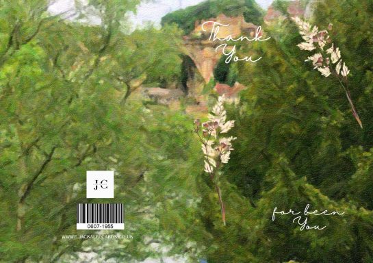 Lush greenery with flowers and a distant stone bridge visible in the background.