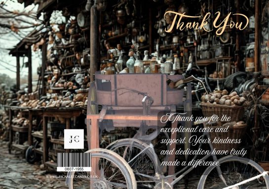 Vintage bicycle in front of a rustic shop filled with various bottles and decorations.