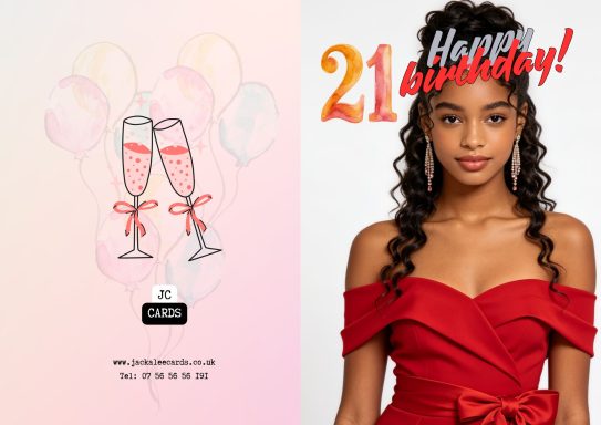 JC 0031 A young woman in a red dress smiling beside a "Happy 21st Birthday" message and champagne glasses.