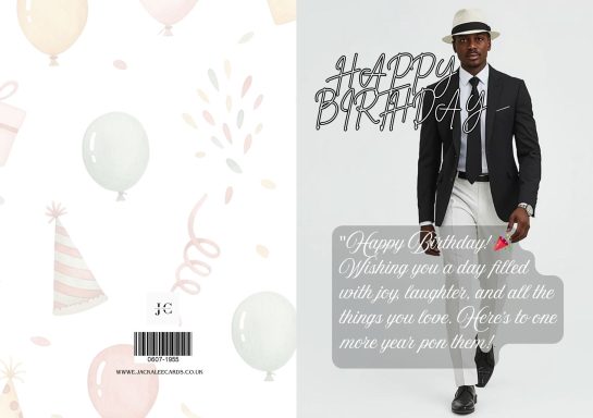 A birthday card design with balloons and a stylish man holding a red item.