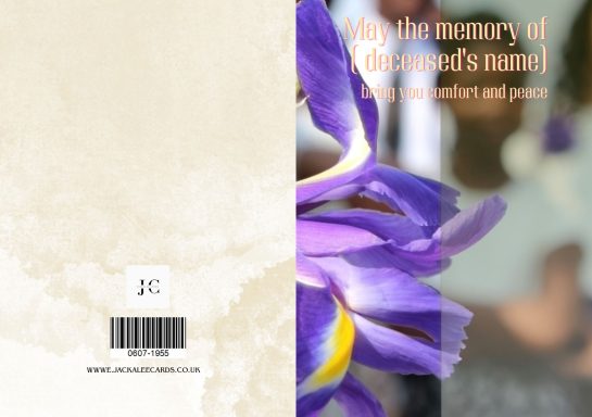 Purple iris flower partially visible beside a textured background with a barcode.