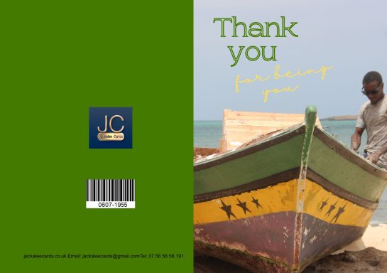 Colourful boat beside a man on a beach, with "Thank you for your support" text.