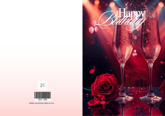 Happy Birthday card featuring champagne glasses, a rose, and confetti.