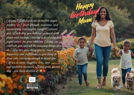 A mother walks hand in hand with her two children and dogs in a flower-filled garden.