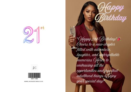 A woman in a burgundy suit holds a drink, celebrating her 21st birthday.