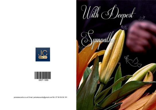 A bouquet of lilies with a hand holding them, featuring elegant text and a logo.