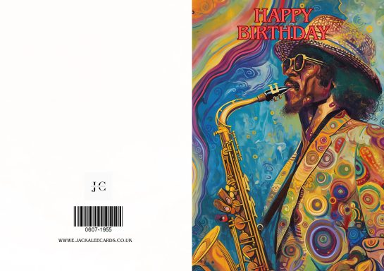 A saxophone player wearing a colourful hat, surrounded by vibrant swirling patterns.