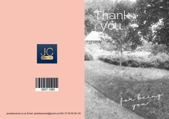 Thank you card with a light pink background and garden scene.