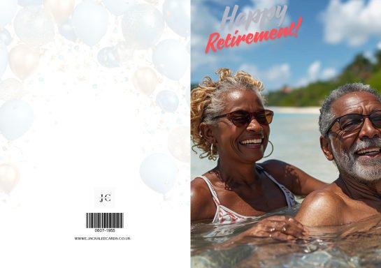 Joyful retired couple enjoying a beach day, smiling in the water.