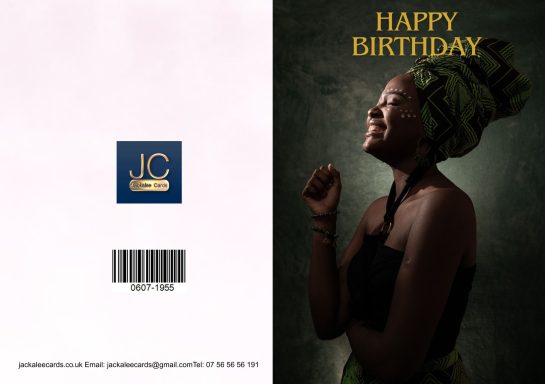 A woman in profile with a headwrap smiles, celebrating a birthday. Text: "Happy Birthday."