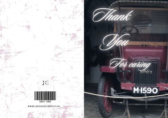 A vintage red car with "Thank You for being" text on a textured background.