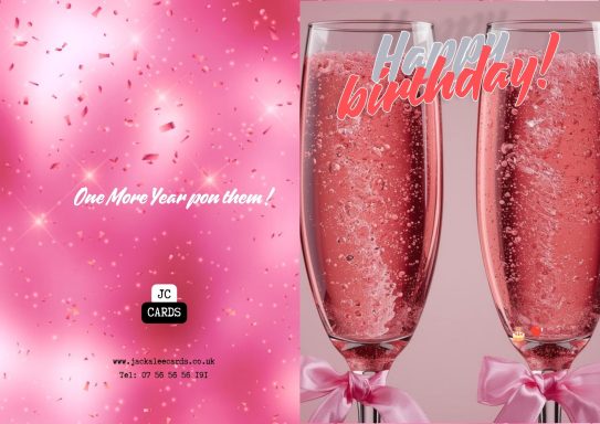 JC 0026 Two champagne flutes with pink bubbly drinks, surrounded by a pink background and confetti.