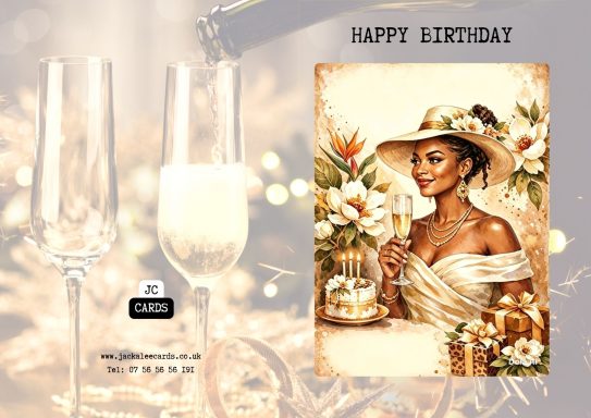 JC 001 A glamorous woman in a hat celebrates with cake and champagne, wishing "Happy Birthday."
