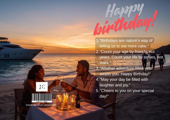Couple celebrating a birthday at sunset on the beach, with a boat in the background.