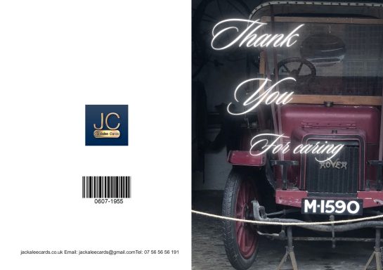 Vintage car with "Thank You for visiting" text overlay and a logo in the corner.