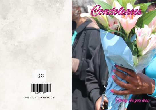 A person holding a bouquet of flowers with a "Condolences" message.