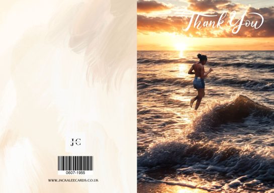 Person running through waves at sunset, with warm colours in the sky and ocean.