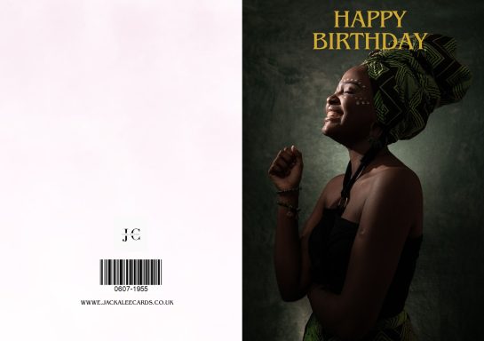 A profile of a woman smiling, wearing a headwrap, with "HAPPY BIRTHDAY" text above.