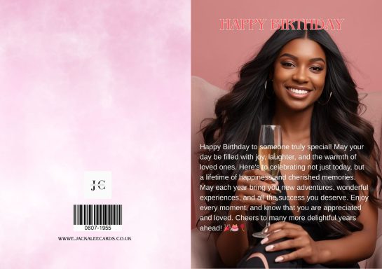 A smiling woman with long hair holds a glass of champagne against a pink background.