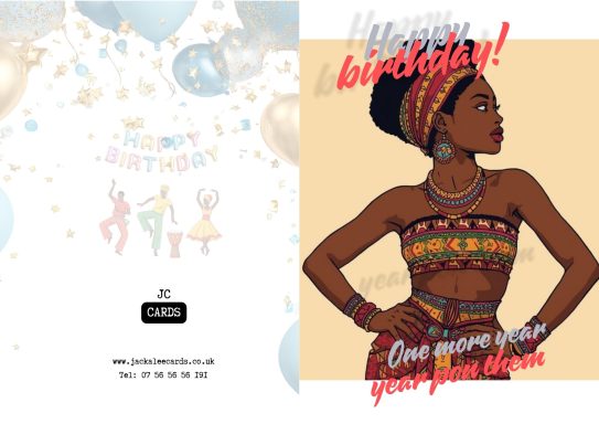 JC 0027 A decorated birthday card featuring a woman in traditional attire and vibrant colours.