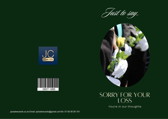 A condolence card design with the text "Sorry for your loss" and floral accents.