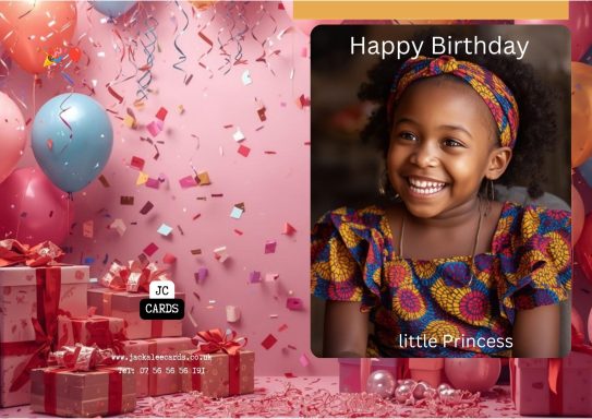 JC 0028 A smiling girl in a colourful dress, surrounded by birthday decorations and gifts.
