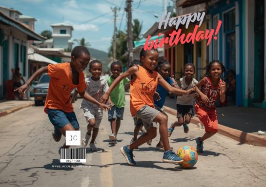 Children playing football on a street, celebrating a birthday with excitement.