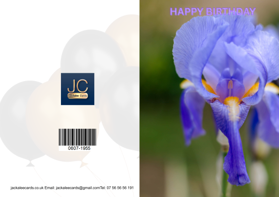 A purple iris flower with a "Happy Birthday" message.