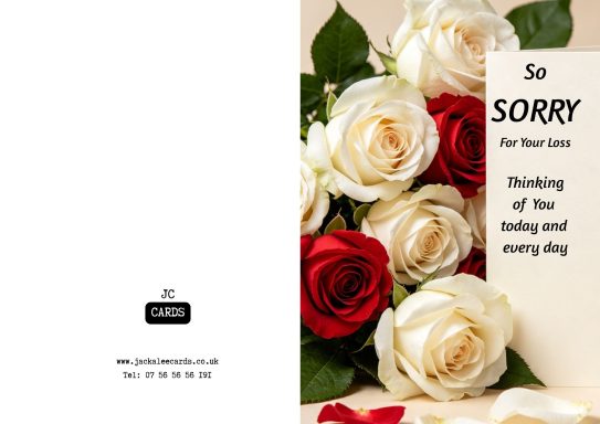 JC 0053 Bouquet of red and white roses with a heartfelt message of sympathy.