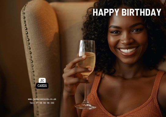 JC 009 Smiling woman holding a glass, celebrating with a "Happy Birthday" message.