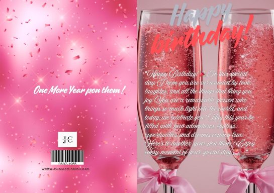 Pink background with sparkling champagne glasses and a "Happy Birthday!" message.