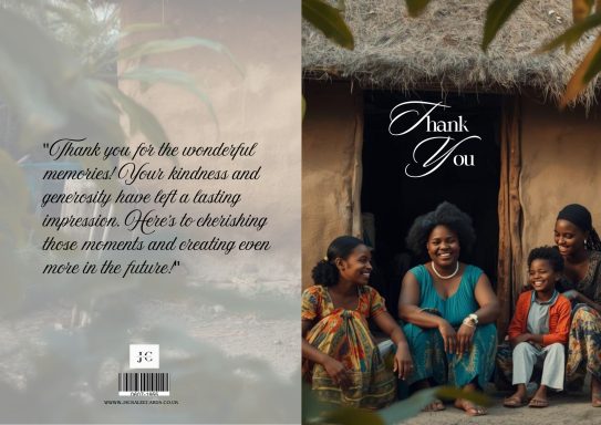 A family sitting by a thatched hut, smiling, with a child in the centre.