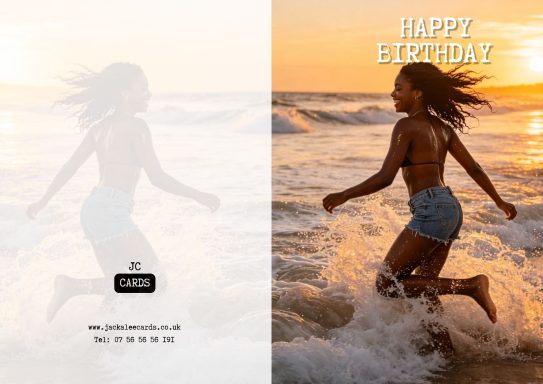 JC 006 A person running through shallow waves at sunset with "Happy Birthday" text.