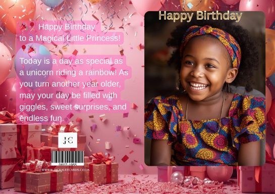 A smiling young girl in a colourful outfit celebrates her birthday amidst gifts.