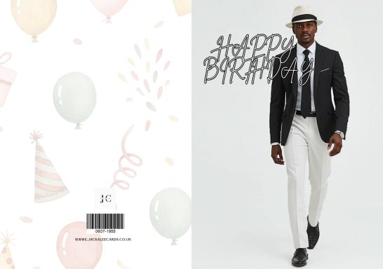 Man in a suit and hat walking against a festive background with party balloons.