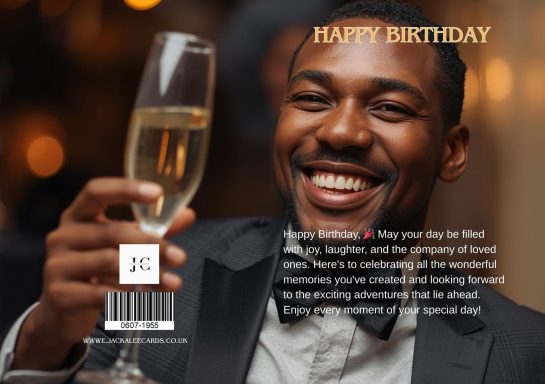 Smiling man holding a champagne glass, celebrating a birthday.