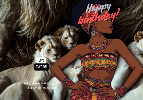 JC 0015 A woman in traditional attire stands among playful lion cubs with a birthday greeting.