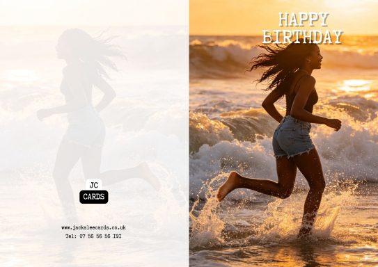 JC 005 Silhouette of a woman running along the beach at sunset, with "Happy Birthday" text.