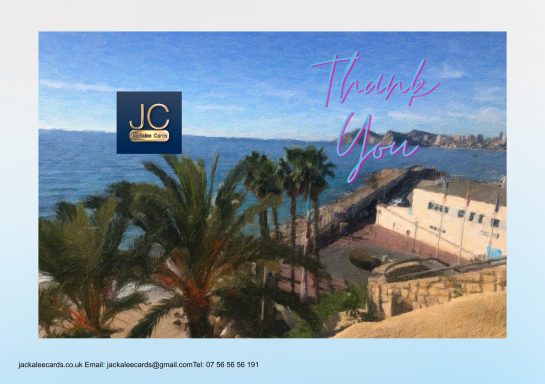 Coastal view with palm trees, text "Thank You," and a logo in the corner.