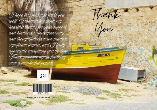 A yellow and red fishing boat resting against a stone wall, with a "Thank You" message.