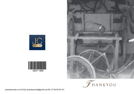 A vintage chair with a thank you note and a logo in the corner.