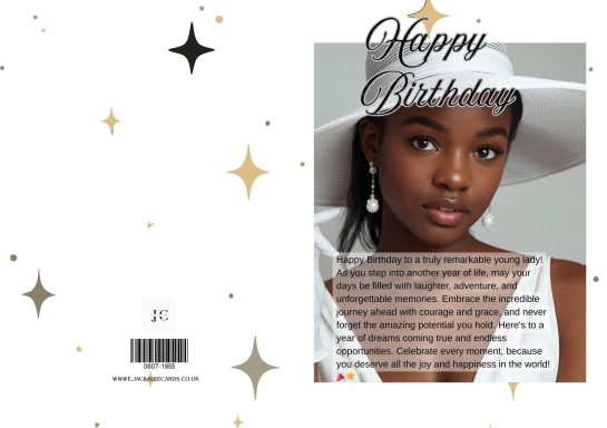 Close-up portrait of a young woman wearing a white hat and earrings, celebrating a birthday.