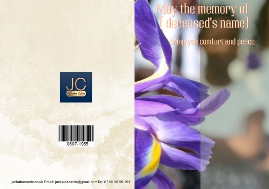 A floral tribute card featuring an iris and text in memory of someone special.