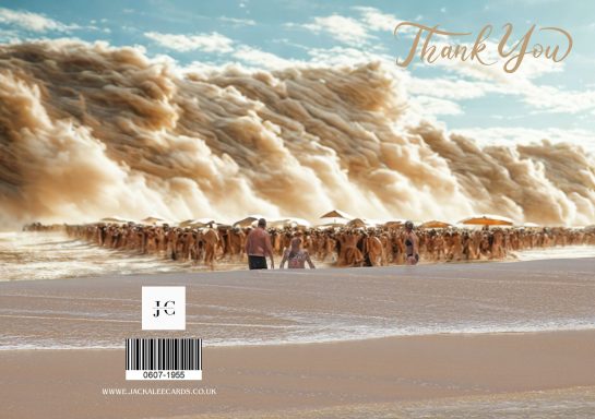 Crowd on a beach with a dramatic wave backdrop and "Thank You" text.
