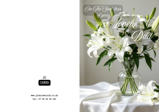 JC 0058 A bouquet of white lilies in a vase on a table with a soft backdrop.