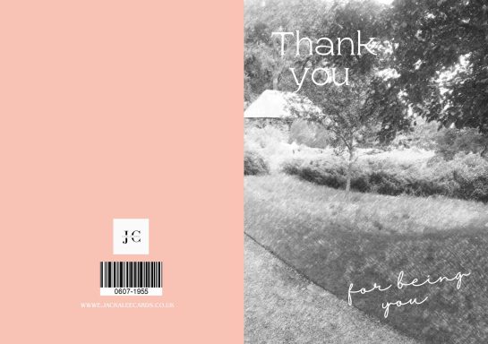 Thank you card featuring a garden scene and handwritten text.